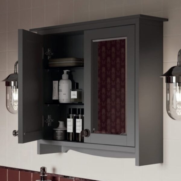 Pakabinama spintėlė su veidrodžių ir lentynomis tamsiai pilka