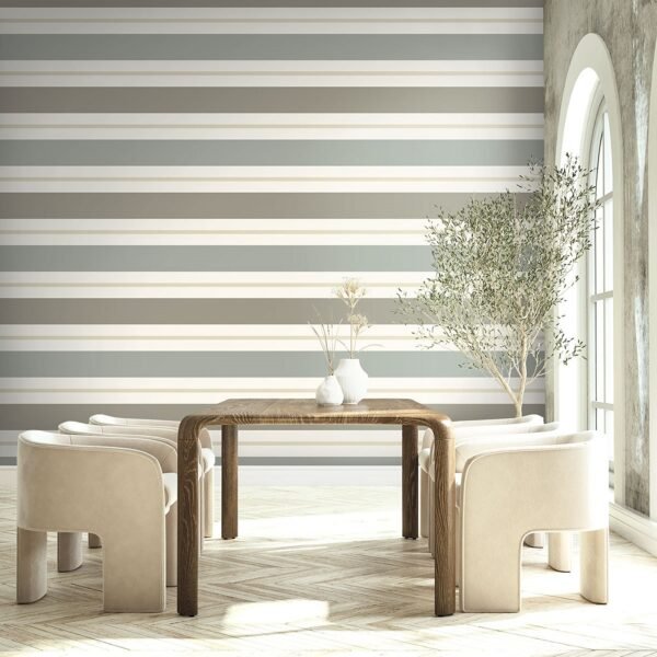 Pastelinių spalvų tapetai valgomojo interjere Nantucket Stripes