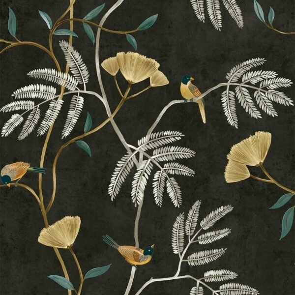 Tapetas juodu fonu su paukšteliais