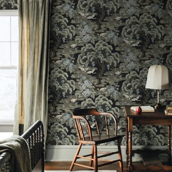 Tapetai sienų danga su gervėmis juodos spalvos