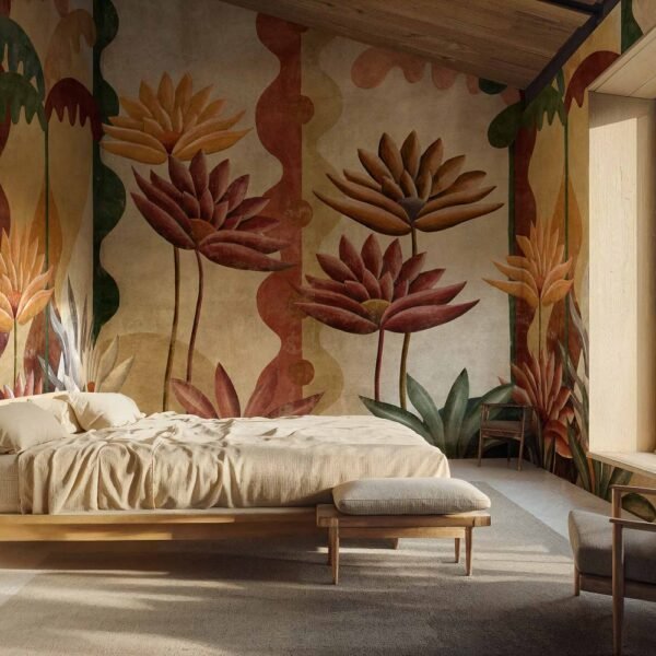 C00046 Fototapetas miegamojo interjere spalvotos gėlės