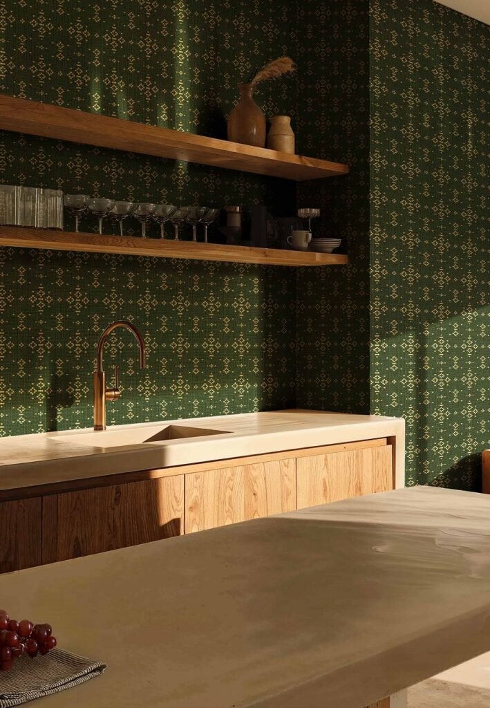 Žalias tapetas virtuvėje Coordonne Sarape