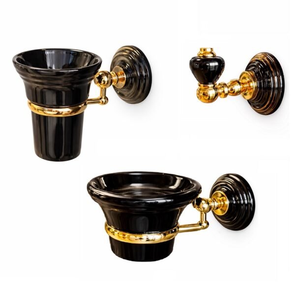 Blizgaus aukso ir juodos keramikos aksesuarai praustuvui Oxford Imperial