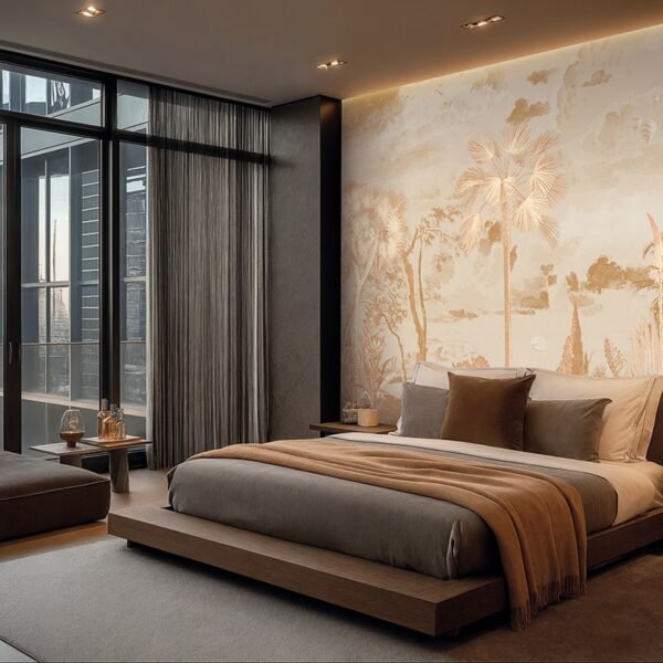 MU16032 miegamojo interjeras fototapetai sienoje oazė meždiai auksinis miškas