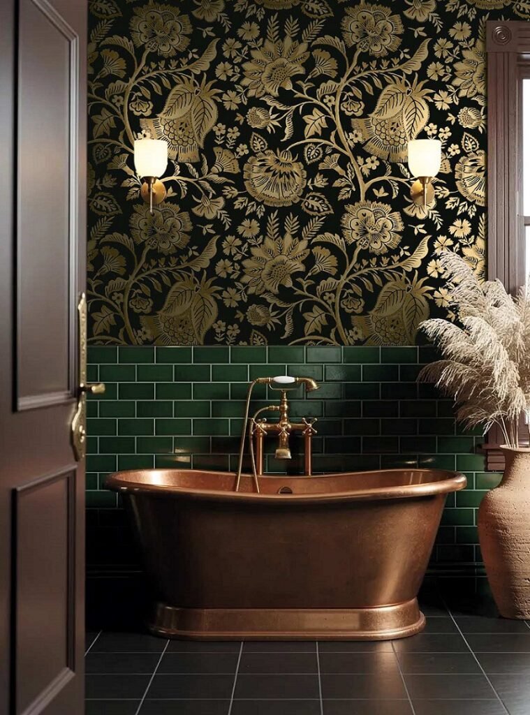 Klasikinis tapetas vonios interjere Wallquest gėlės juodos auksinės